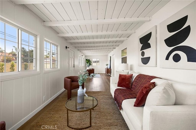 3629 W 144th St, Hawthorne, CA 90250 - living room featuring wood finished floors, wood ceiling with exposed beams, and baseboards