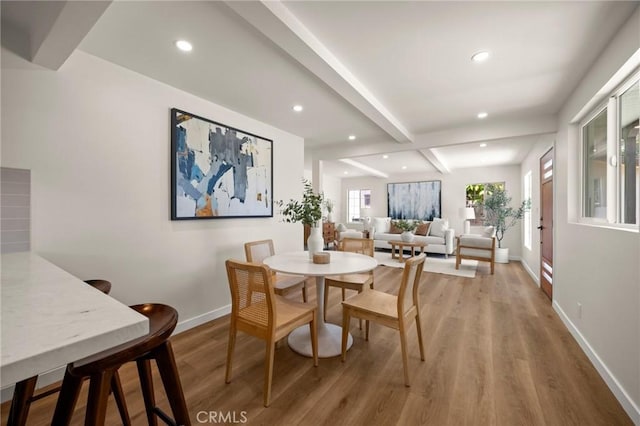 3629 W 144th St, Hawthorne, CA 90250 - dining space featuring light wood-type flooring, beamed ceiling, recessed lighting, and baseboards