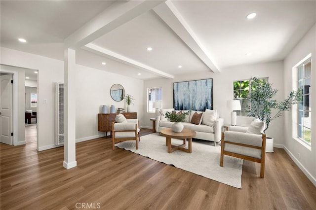 3629 W 144th St, Hawthorne, CA 90250 - living room with a heating unit, wood finished floors, beamed ceiling, baseboards, and recessed lighting