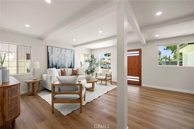 3629 W 144th St, Hawthorne, CA 90250 - living area featuring beam ceiling, wood finished floors, baseboards, recessed lighting, and plenty of natural light