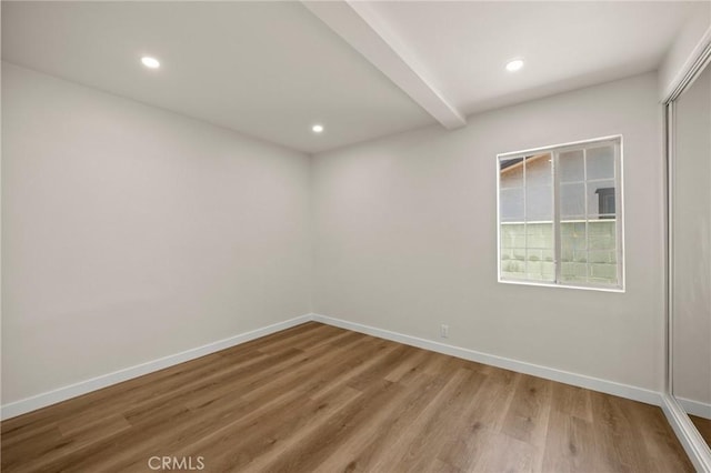 3629 W 144th St, Hawthorne, CA 90250 - empty room with light wood-type flooring, baseboards, recessed lighting, and beam ceiling