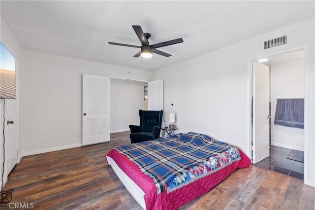 5115 Castelotte Ct, Whittier, CA 90601 - bedroom with wood finished floors, baseboards, a ceiling fan, and connected bathroom