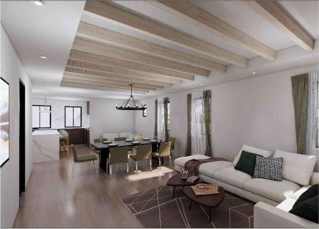 3316 Burritt Way, Glendale, CA 91214 - living room with wood finished floors, a chandelier, and beam ceiling
