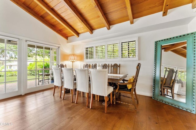 2210 Brambling Ln, Pasadena, CA 91107 - dining area featuring a wood ceiling with exposed beams, hardwood / wood-style floors, and high vaulted ceiling