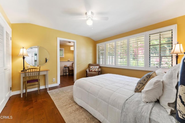2210 Brambling Ln, Pasadena, CA 91107 - bedroom with lofted ceiling, wood finished floors, and a ceiling fan