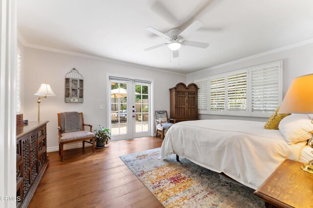 2210 Brambling Ln, Pasadena, CA 91107 - bedroom featuring access to outside, french doors, ornamental molding, hardwood / wood-style floors, and ceiling fan