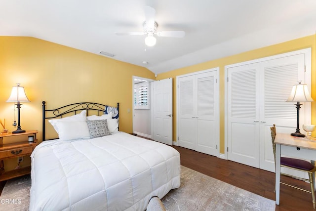 2210 Brambling Ln, Pasadena, CA 91107 - bedroom with vaulted ceiling, multiple closets, wood finished floors, and a ceiling fan