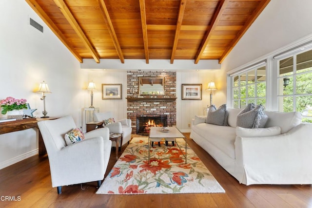 2210 Brambling Ln, Pasadena, CA 91107 - living area featuring wooden ceiling, wood-type flooring, and a fireplace
