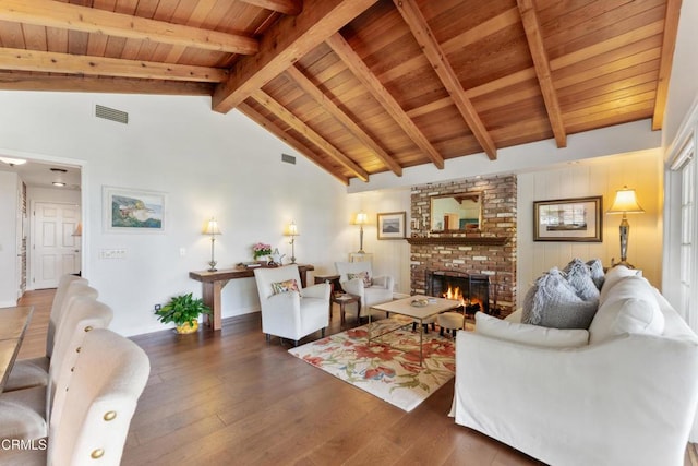 2210 Brambling Ln, Pasadena, CA 91107 - living area featuring wood ceiling, a fireplace, and wood finished floors