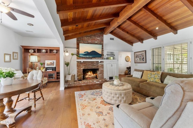 2210 Brambling Ln, Pasadena, CA 91107 - living room with wood ceiling, a ceiling fan, wood-type flooring, and a fireplace