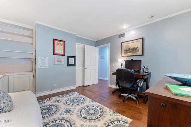 2210 Brambling Ln, Pasadena, CA 91107 - office area featuring crown molding, wood finished floors, and recessed lighting