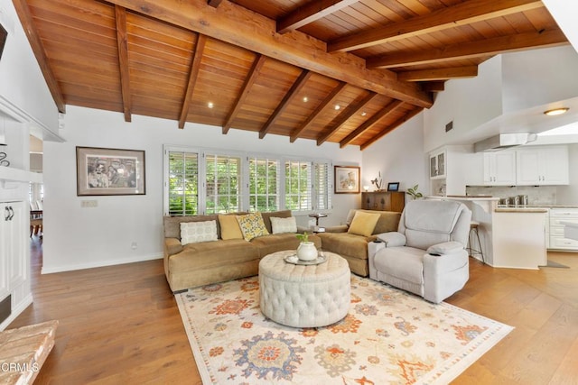 2210 Brambling Ln, Pasadena, CA 91107 - living area with a wooden ceiling with exposed beams, light wood finished floors, and high vaulted ceiling