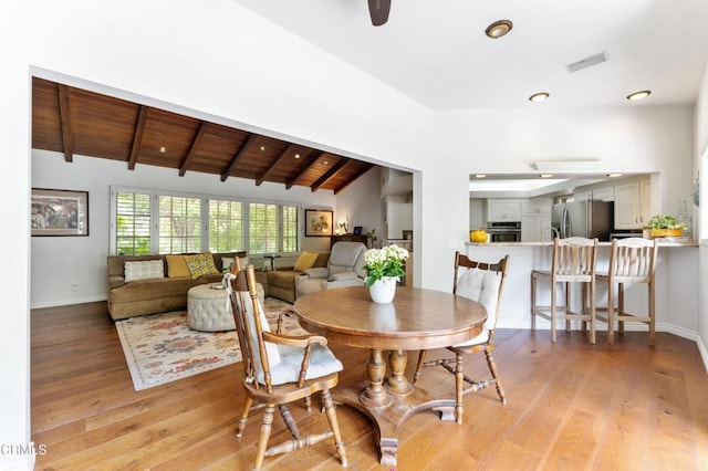 2210 Brambling Ln, Pasadena, CA 91107 - dining space featuring light wood finished floors, wooden ceiling, and recessed lighting