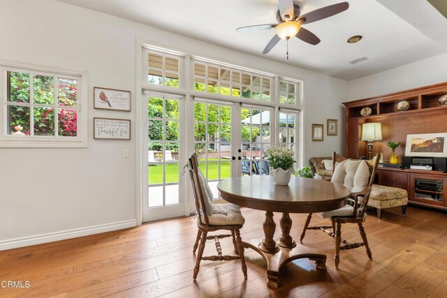 2210 Brambling Ln, Pasadena, CA 91107 - dining room featuring light wood-type flooring, ceiling fan, and french doors