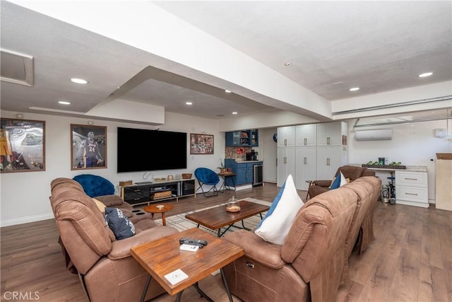 1609 Fairview Dr, Corona, CA 92878 - living room featuring wood finished floors, a wall mounted air conditioner, baseboards, and recessed lighting