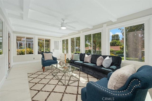 5437 Via Carrizo, Laguna Woods, CA 92637 - sunroom with a ceiling fan, an outdoor living space, beam ceiling, and baseboards