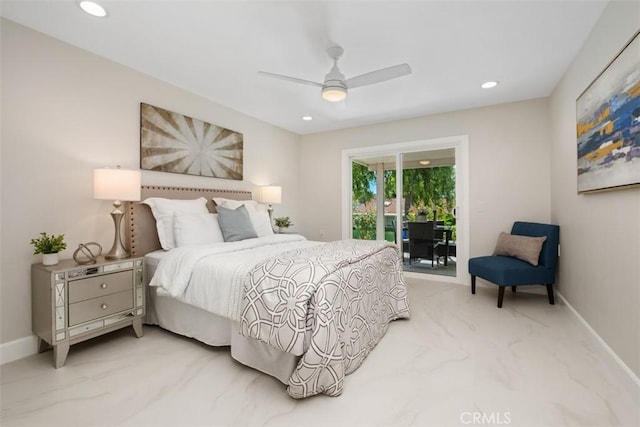 5437 Via Carrizo, Laguna Woods, CA 92637 - bedroom featuring access to exterior, recessed lighting, baseboards, and ceiling fan