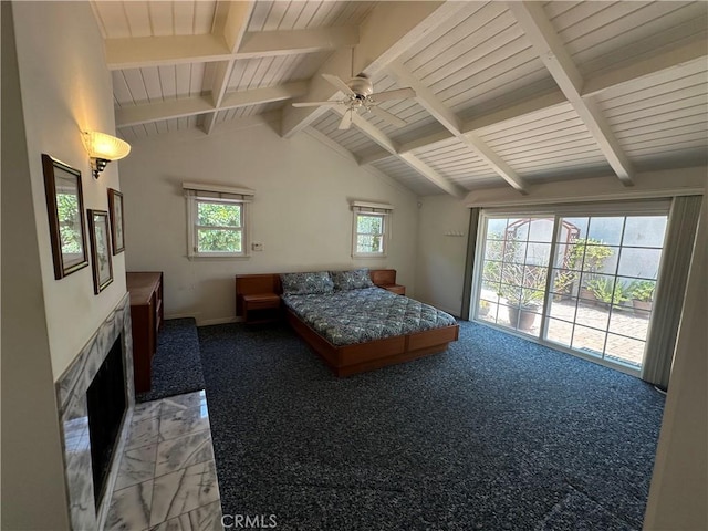 4854 Ranchito Ave, Sherman Oaks, CA 91423 - bedroom featuring baseboards, access to exterior, light marble finish flooring, ceiling fan, and a fireplace with flush hearth