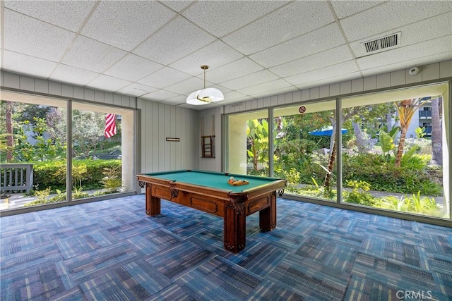 3605 W Hidden Ln Unit 307, Rolling Hills Estates, CA 90274 - game room featuring carpet floors, plenty of natural light, billiards table, and a drop ceiling