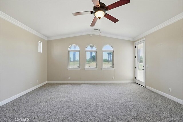 13045 Ridgewood Way, Chowchilla, CA 93610 - unfurnished room with ornamental molding, light carpet, a ceiling fan, baseboards, and lofted ceiling