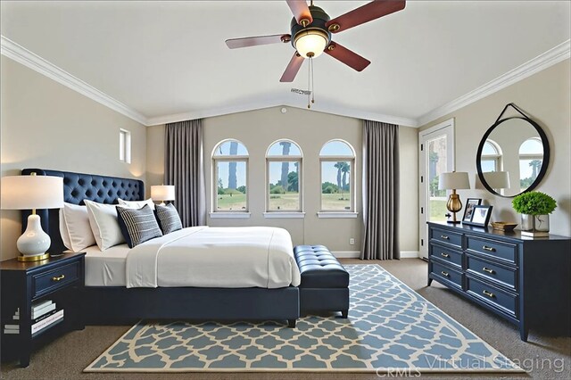 13045 Ridgewood Way, Chowchilla, CA 93610 - bedroom with dark colored carpet, crown molding, baseboards, and a ceiling fan