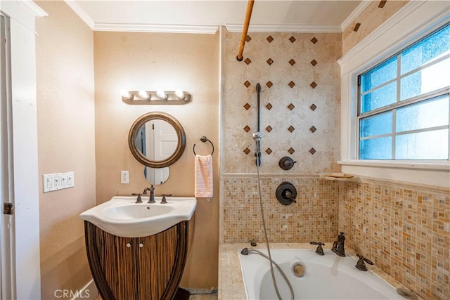1914 S W View St, Los Angeles, CA 90016 - bathroom featuring ornamental molding, tiled tub, vanity, and a shower