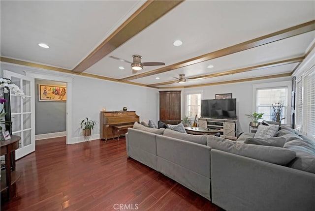 1914 S W View St, Los Angeles, CA 90016 - living room with beamed ceiling, baseboards, a ceiling fan, dark wood-style floors, and recessed lighting