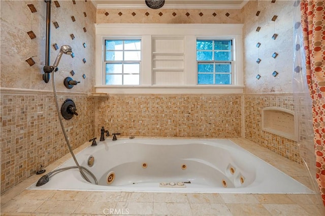 1914 S W View St, Los Angeles, CA 90016 - bathroom with ornamental molding, wainscoting, and a combined bath / shower with jetted tub