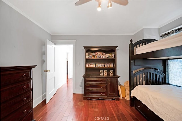 1914 S W View St, Los Angeles, CA 90016 - bedroom with dark wood-type flooring, ornamental molding, baseboards, and ceiling fan