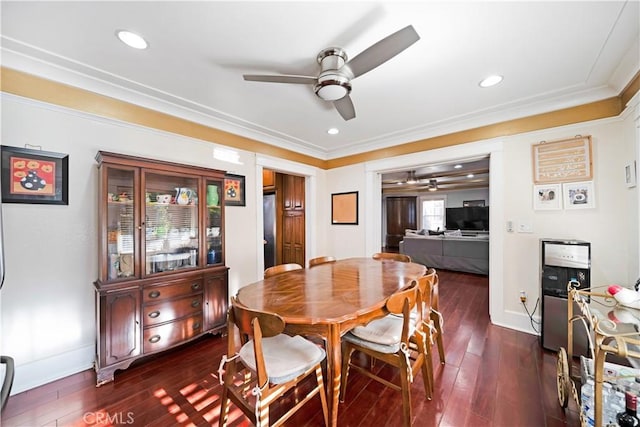 1914 S W View St, Los Angeles, CA 90016 - dining room featuring ceiling fan, dark wood-type flooring, ornamental molding, baseboards, and recessed lighting