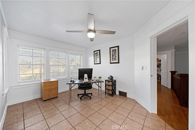 1914 S W View St, Los Angeles, CA 90016 - office space with ceiling fan, baseboards, and light tile patterned flooring
