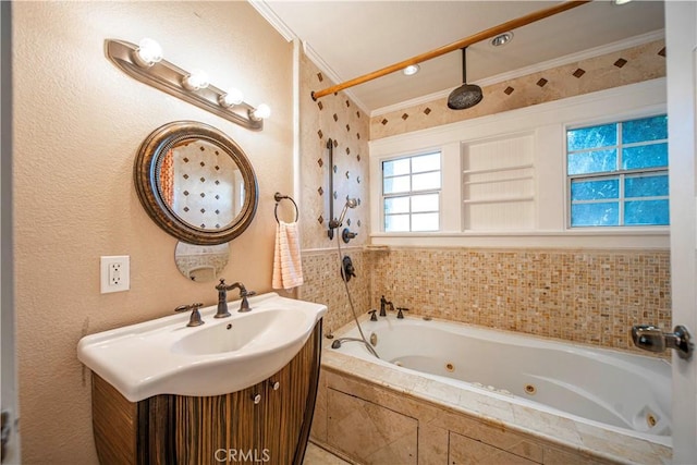 1914 S W View St, Los Angeles, CA 90016 - full bathroom with crown molding, vanity, and a combined bath / shower with jetted tub