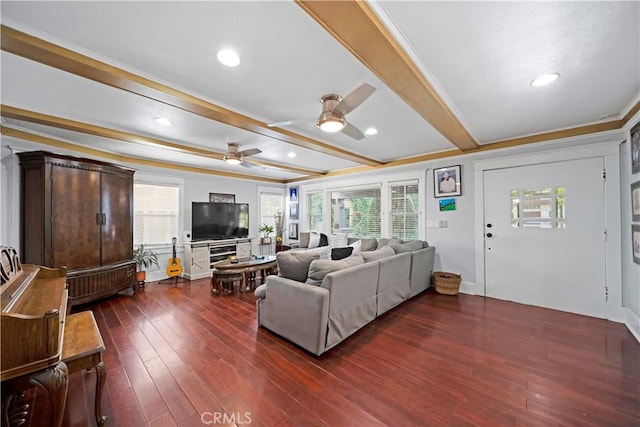 1914 S W View St, Los Angeles, CA 90016 - living area featuring ceiling fan, healthy amount of natural light, beam ceiling, dark wood-type flooring, and recessed lighting