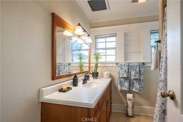 1914 S W View St, Los Angeles, CA 90016 - bathroom with vanity, ornamental molding, tile patterned flooring, and baseboards