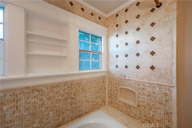 1914 S W View St, Los Angeles, CA 90016 - full bathroom featuring ornamental molding, a tub to relax in, wallpapered walls, and wainscoting