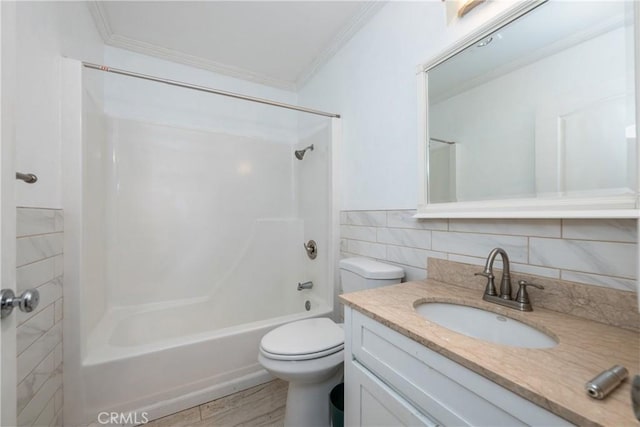 3505 Angelucci St Unit 2E, San Diego, CA 92111 - full bath with tile walls, ornamental molding, toilet, vanity, and shower / bathtub combination