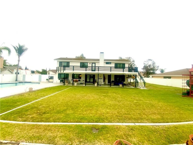2416 Hialeah Cir, Norco, CA 92860 - rear view of house featuring a chimney, a patio area, and stairs