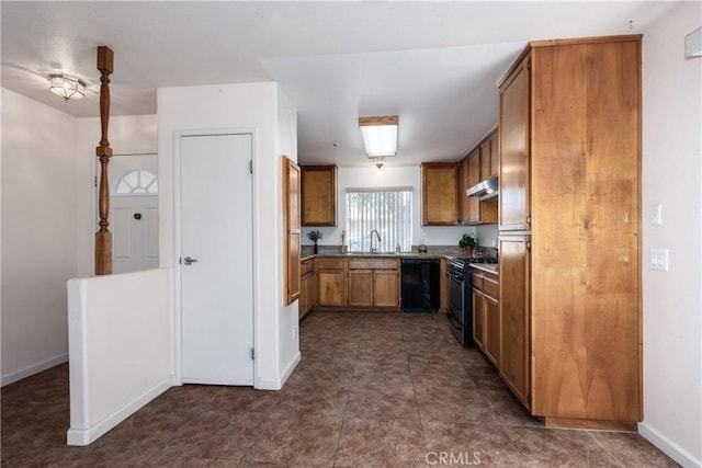 66427 3rd St, Desert Hot Springs, CA 92240 - kitchen with gas range, black dishwasher, a sink, brown cabinets, and under cabinet range hood