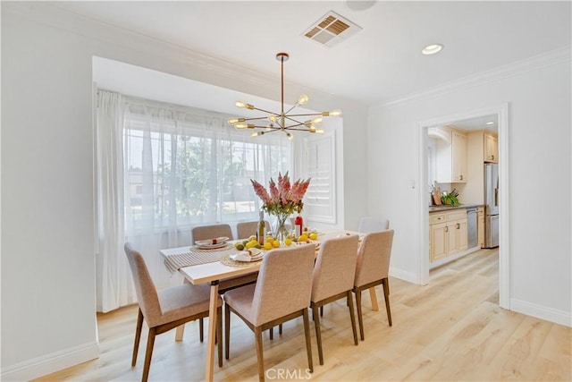 4901 Ethel Ave, Sherman Oaks, CA 91423 - dining space with crown molding, a chandelier, baseboards, light wood-type flooring, and recessed lighting