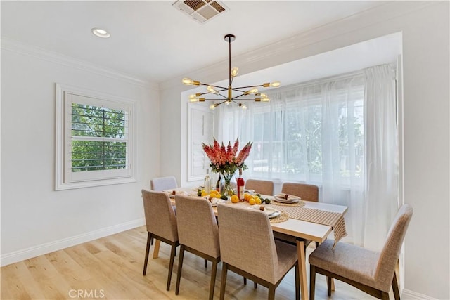 4901 Ethel Ave, Sherman Oaks, CA 91423 - dining area with ornamental molding, a chandelier, baseboards, light wood-type flooring, and recessed lighting