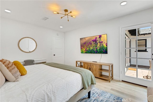 4901 Ethel Ave, Sherman Oaks, CA 91423 - bedroom featuring wood finished floors, access to outside, recessed lighting, a chandelier, and baseboards