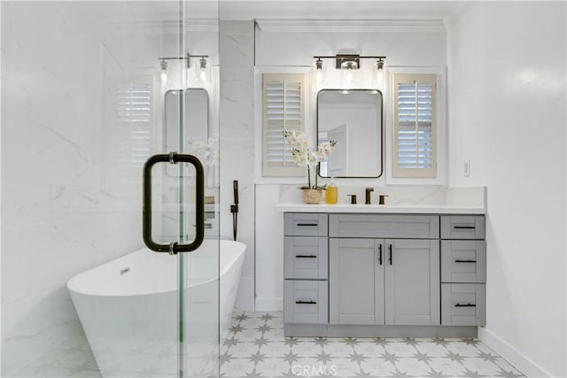 4901 Ethel Ave, Sherman Oaks, CA 91423 - bathroom with tile patterned floors, vanity, a soaking tub, a shower stall, and ornamental molding