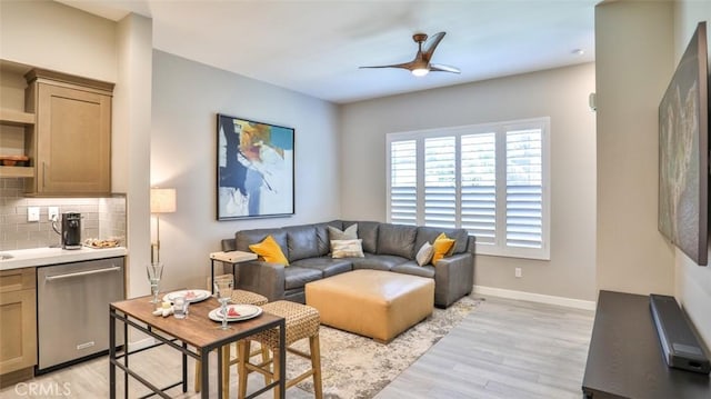 876 Doheny Way, Dana Point, CA 92629 - living room featuring light wood finished floors, a ceiling fan, and baseboards