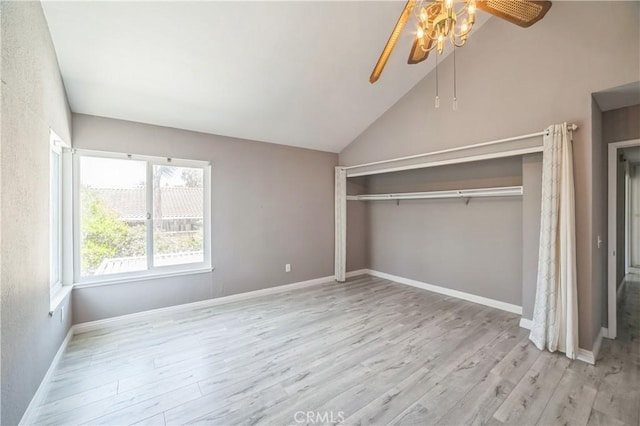 6114 Sard St, Rancho Cucamonga, CA 91701 - unfurnished bedroom with wood finished floors, a closet, vaulted ceiling, baseboards, and ceiling fan