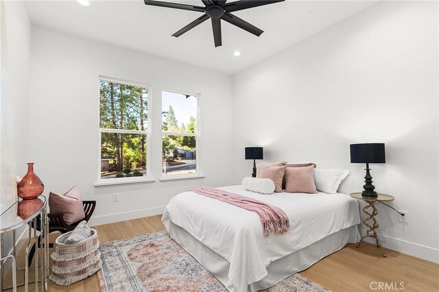4956 Malibu Dr, Paradise, CA 95969 - bedroom featuring baseboards, light wood-type flooring, recessed lighting, and ceiling fan