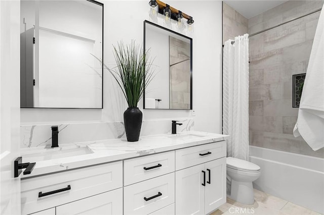 4956 Malibu Dr, Paradise, CA 95969 - bathroom featuring double vanity, toilet, and shower / bath combo with shower curtain