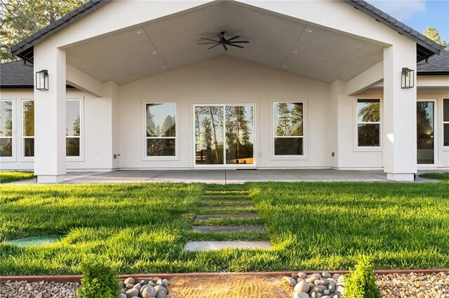 4956 Malibu Dr, Paradise, CA 95969 - rear view of property featuring stucco siding, a patio, and a ceiling fan