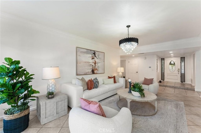 5291 Strasbourg Ave, Irvine, CA 92604 - living area featuring ornamental molding, light tile patterned flooring, and a chandelier
