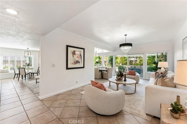 5291 Strasbourg Ave, Irvine, CA 92604 - living room with a chandelier, light tile patterned floors, baseboards, crown molding, and a textured ceiling