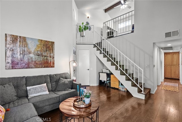 19852 Sandpiper Pl Unit 96, Newhall, CA 91321 - living room with high vaulted ceiling, stairs, wood finished floors, a ceiling fan, and beamed ceiling